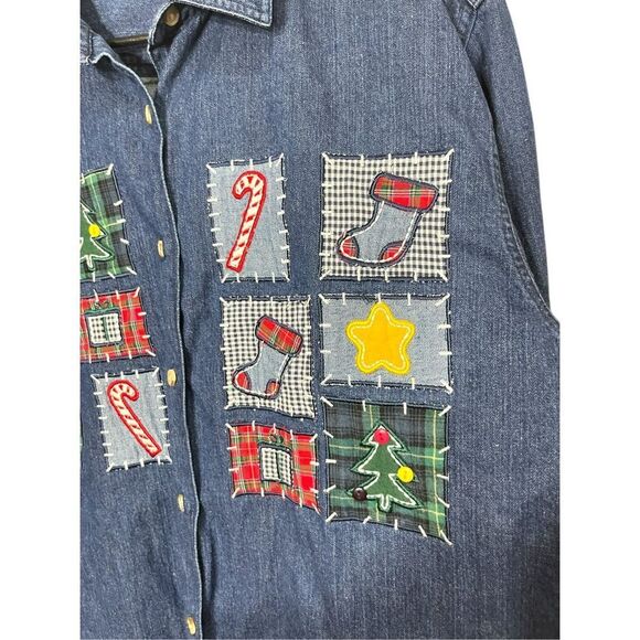 Vintage Westbound 90s Christmas Patchwork Embroidery Denim Shirt Large‎ - Picture 2 of 6